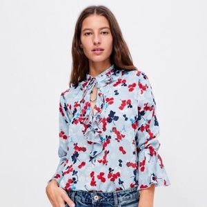 ZARA Blue and Red Floral Blouse, L